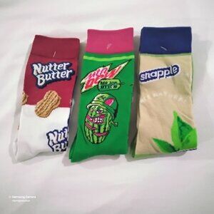 3 Pair Novelty Crew Socks Snapple, Nutter Butter, Mtn Dew Major Melon Men 6-12